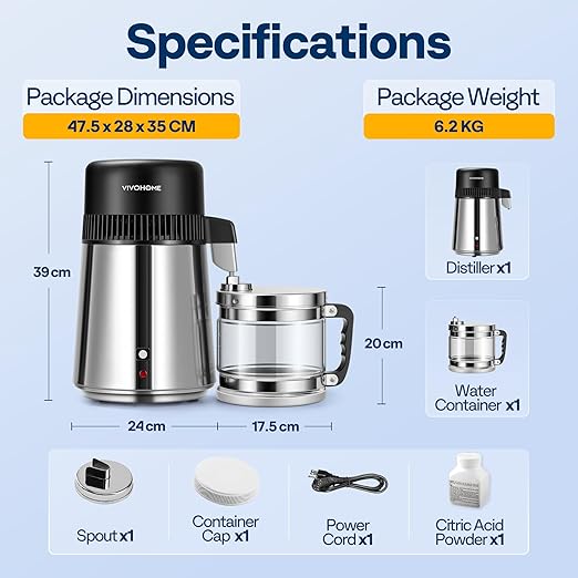 VIVOHOME Water Distiller Countertop 1.1 Gallon/4L 304 Stainless Steel Distilled Water Machine with Smart Switch Purifier Filter for Home Office