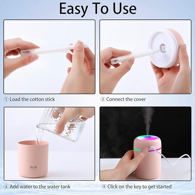 2 Pieces Cool Mist Portable Mini Humidifiers, 300 ml, Quiet USB Personal Desktop Humidifiers with 2 Mist Modes and Auto Shut Off for Bedroom Home (Pink, White)