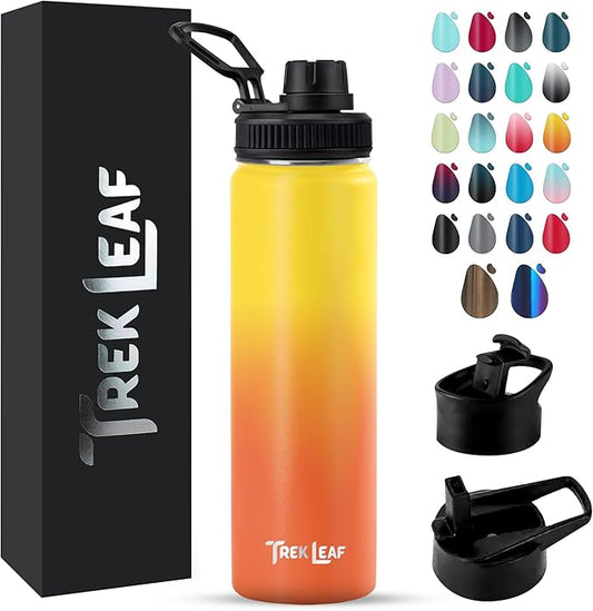 Travel Water Bottle with 3 Lids (Spout, Straw, Flip) Leak Proof, Quality, Vacuum Insulated, Stainless Steel (Sunrise, 22 oz)