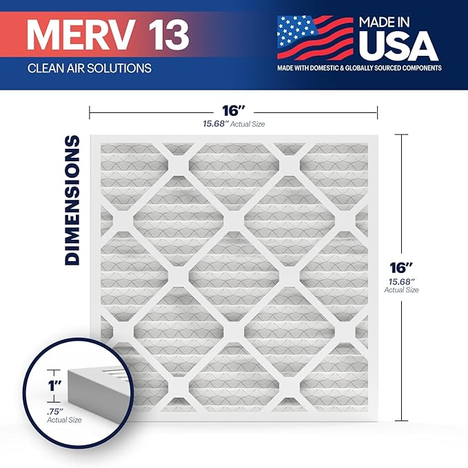 BNX TruFilter 16x16x1 Air Filter MERV 13 (6-Pack) - MADE IN USA - Electrostatic Pleated Air Conditioner HVAC AC Furnace Filters for Allergies, Pollen, Mold, Bacteria, Smoke, Allergen, MPR 1900 FPR 10