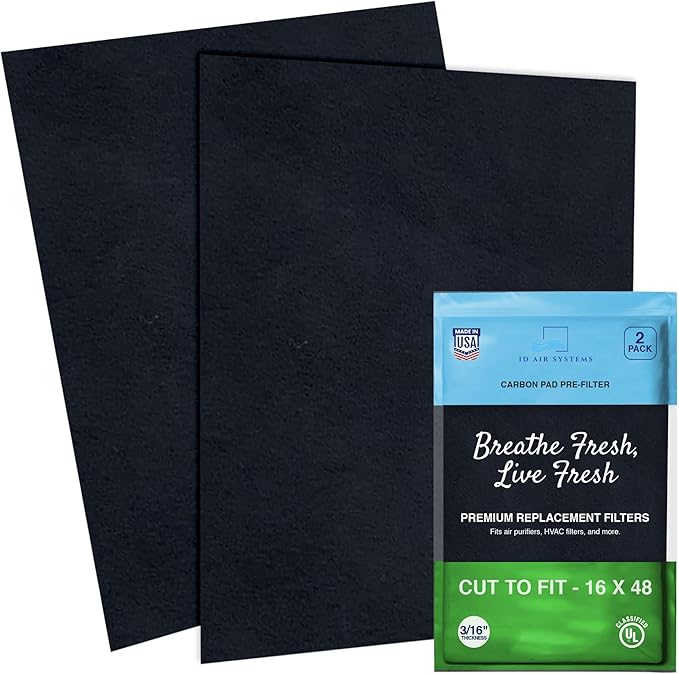 Cut To Fit Air Filter - Carbon Pad Pre Filter for Air Purifiers, AC, Furnace, Trash Cans and Dust, 1/6" thick, 16" x 48" Sheets (2-pack)