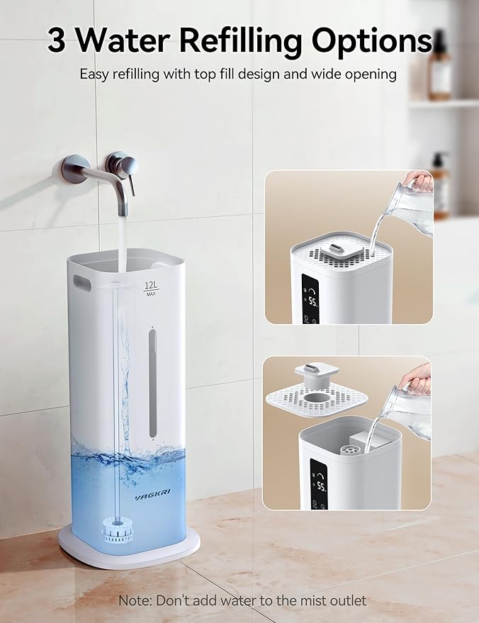 VAGKRI 12L Large Room Humidifier, 120H Long Lasting Cool Mist, 3 Mist Levels, Auto Humidity Adjustment, Top Fill Design with Essential Oil Tray for Bedroom, Home, Plants, Baby