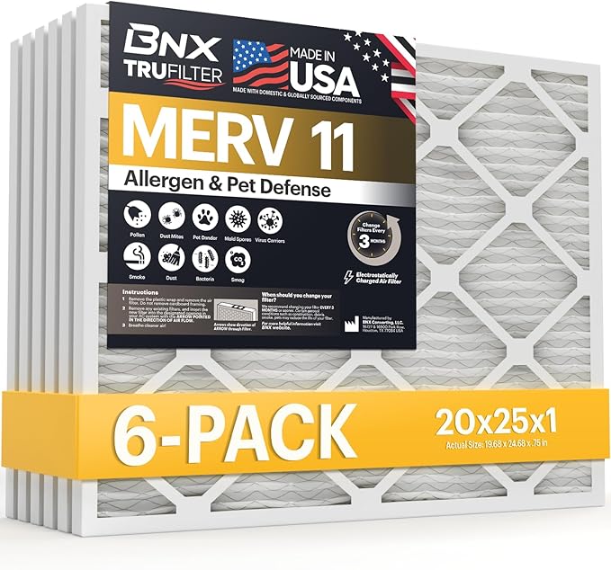 BNX TruFilter 20x25x1 Air Filter MERV 11 (6-Pack) - MADE IN USA - Allergen Defense Electrostatic Pleated Air Conditioner HVAC AC Furnace Filters for Allergies, Dust, Pet, Smoke, Allergy MPR 1200 FPR 7