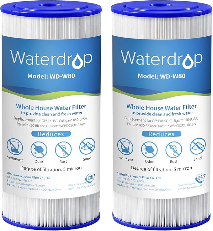 Waterdrop FXHSC Whole House Water Filter, Replacement for GE® FXHSC, GXWH40L, GXWH35F, American Plumber W50PEHD, W10-PR, Culligan® R50-BBSA, 5 Micron, 10" x 4.5", High Flow Sediment Filters, Pack of 2