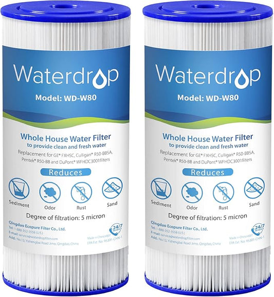 Waterdrop FXHSC Whole House Water Filter, Replacement for GE® FXHSC, GXWH40L, GXWH35F, American Plumber W50PEHD, W10-PR, Culligan® R50-BBSA, 5 Micron, 10" x 4.5", High Flow Sediment Filters, Pack of 2