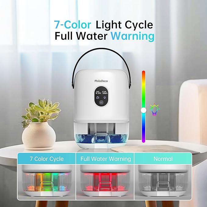 PHILODECO 280 Sq. Ft 35 OZ Dehumidifier, Portable Small Dehumidifiers for Bedroom, Bathroom, Basement,RV with CO mode, Sleep mode, Auto Shut Off, 7 Colorful Lights, White
