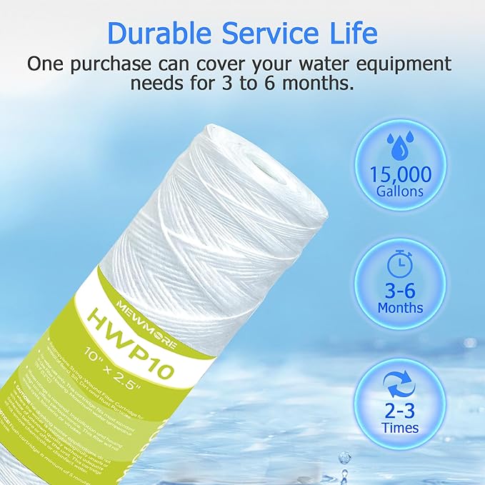 10 Micron Whole House Water Filter Cartridge, String Wound Sediment Filters for Well Water, Universal Replacement for Any 10 inch RO Unit - 10" x 2.5" Cartridges - Pack of 6