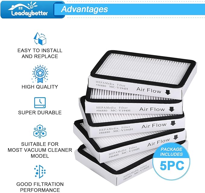 Leadaybetter 5 Pack for Kenmore EF-2 86880 Exhaust Vacuum HEPA Filters. Compare to Replace Sears Part # 20-86880 (86880), 40320, EF2, 610445. Also Replaces Panasonic MC-V194H