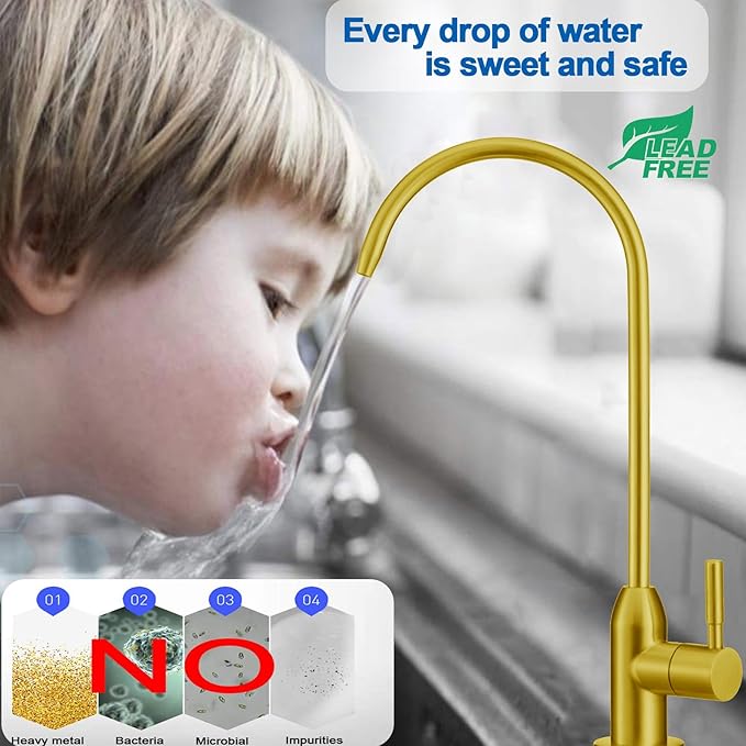 Drinking Water Faucet - Long Thread Stem Filtered Water Tap for Thick Countertop,Lead-Free RO Faucet with Hose and Quick Connect Fittings(Matte Gold)