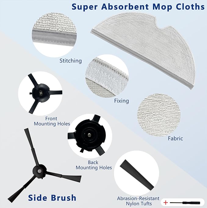 Replacement Accessories Kit Compatible with Roborock Q5 Max+/ Q5 Pro/ Q5 Pro+/ Q5 DuoRoller+/ Q8 Max/ Q8 Max+ Plus Vacuum Robot, Main Brushes, 2 Side Brushes, 2 HEPA Filters,2 Bags,2 Rags,Tools