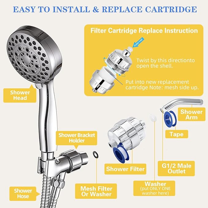 36-Stage Shower Head Filter With Vitamin C E for Hard Water - 3 Replaceable Cartridges, High Output Water Filter for Removing Chlorine and Fluoride, Polished Chrome
