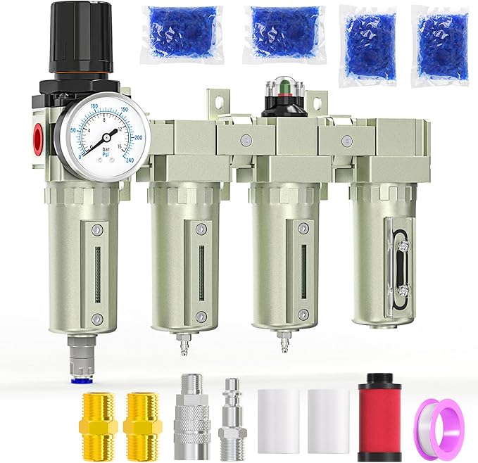 3/4" NPT Heavy Duty Industrial Grade 4 Stage Air Drying System,Auto Drain,Coalescing Filter,Double Particulate Filter,Desiccant Dryer and Air Regulator For Plasma Cutter and Paint Spray
