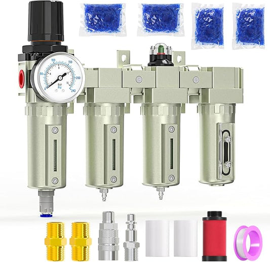 1/2" NPT Heavy Duty Industrial Grade 4 Stage Air Drying System,Auto Drain,Coalescing Filter,Double Particulate Filter,Desiccant Dryer and Air Regulator For Plasma Cutter and Paint Spray