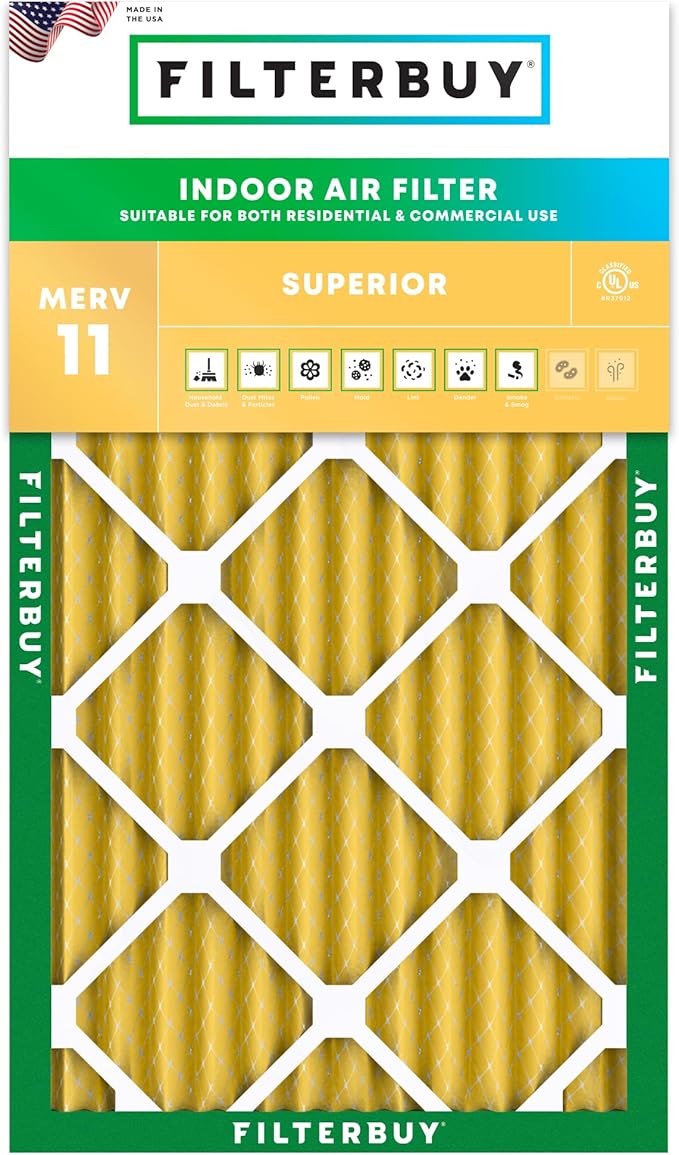 Filterbuy 16x25x2 Air Filter MERV 11 (MPR 1200) Allergen Defense Replacement (1-Pack), Electrostatic Pleated HVAC AC Furnace Filters, Made in USA (Actual Size: 15.50 x 24.50 x 1.75)