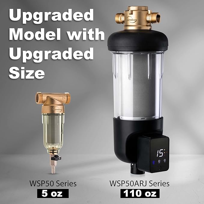 iSpring WSP500ARJ Spin-Down Sediment Water Filter, Upgraded Jumbo Size, Large Capacity, Reusable with Touch-Screen Auto Flushing Module, Brass Top Clear Housing, 500 Microns