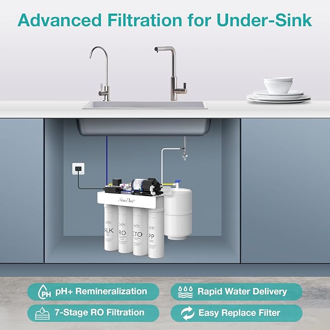SimPure T1-100ALK Alkaline Reverse Osmosis Water Filter, Mineral Reverse Osmosis System 7 Stage, NSF/ANSI 58 Certified, Under Sink RO Water Filtration System 100 GPD with Tank, Build in Pump