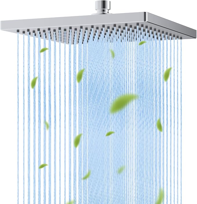 Hibbent Thickness Metal Rain Shower Head, 10 Inch High Pressure Rainfall Shower Head, Square Large Bathroom Waterfall Shower Heads, High Flow Fixed Showerheads with Adjustable Brass Ball Joint, Chrome