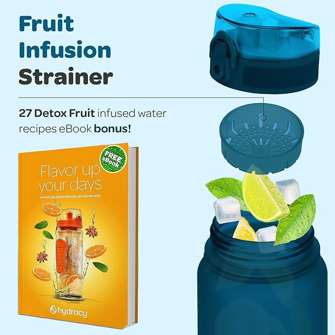 Hydracy Water Bottle with Time Marker -Large BPA Free Water Bottle & No Sweat Sleeve -Leak Proof Gym Bottle with Fruit Infuser Strainer & Times to Drink -Ideal for Fitness Sports & Outdoors