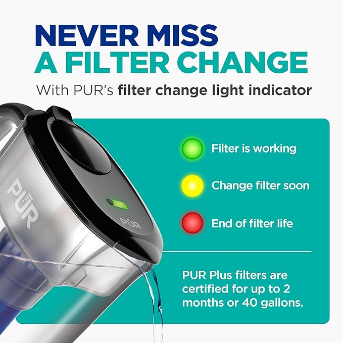 PUR Plus 7-Cup Water Pitcher, 1 Lead-Reducing Filter, Cleaner, Great-tasting Water, Dishwasher Safe, Powerful Filtration, Filter Change Light Indicator, LockFit Cap Design - Smoke