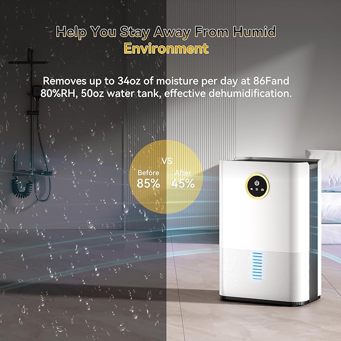 Dehumidifier for Room for Home, (850 sq.ft) Small Dehumidifiers with Drain Hose, Safe Drainage Auto-off Odor Removal 2 Duak-Core Portable Deshumificador Bathroom RV, 50 OZ Water Tank