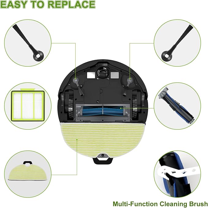 RV2000WD Replacement Parts for Shark RV2002WXUS RV2002WD RV2001DRUS RV2001WD AV2001WD Mop Brush Filter Kit with Shark AI Robot Vacuum Cleaner, 1 Brushroll, 2 Filters, 4 Mop Pads, 6 Side Brushes