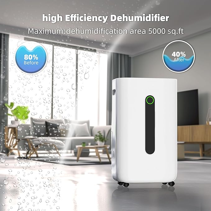 5,000 Sq.Ft 80 Pint Dehumidifier for Basements and Home-with Drain Hose,1.7Gallon Water Tank,Intelligent Humidity Control,Dual Protection and 4 Modes,for Large room