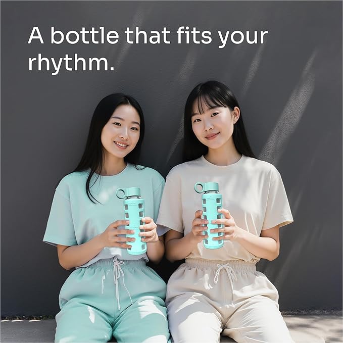 purifyou 40oz / 32oz / 22oz / 12oz Borosilicate Glass Water Bottle with Time & Volume Markers, Silicone Sleeve, Stainless Steel Lid | Reusable Glass Bottle for Water & Juice (12oz Glow-in-the-Dark)