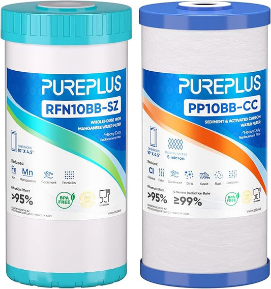 PUREPLUS 5 Micron 4.5"x 10" Whole House Water Filter Combo Kit with Sediment& Carbon, and Iron Reduce Filter, Replacement for GE FXHTC, GXWH40L, GXWH35F, GNWH38S, RFC-BBSA, WRC25HD, RFC-BB, 1PACK