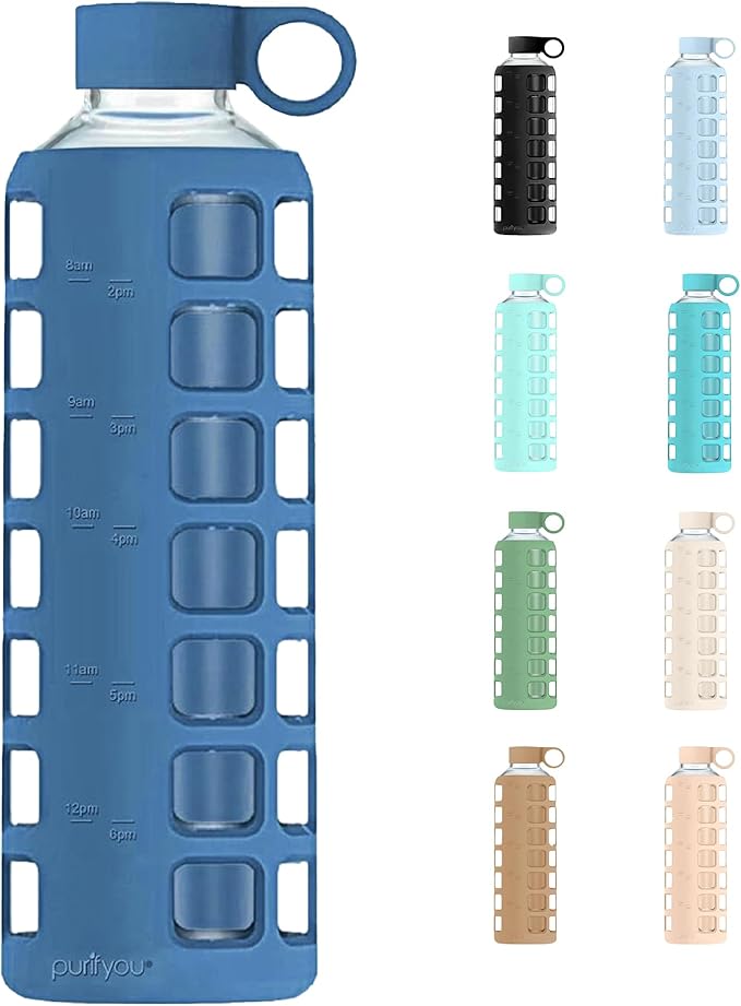 purifyou 40oz / 32oz / 22oz / 12oz Borosilicate Glass Water Bottle with Time & Volume Markers, Silicone Sleeve, Stainless Steel Lid | Reusable Glass Bottle for Water & Juice (22oz Chinese Porcelain)