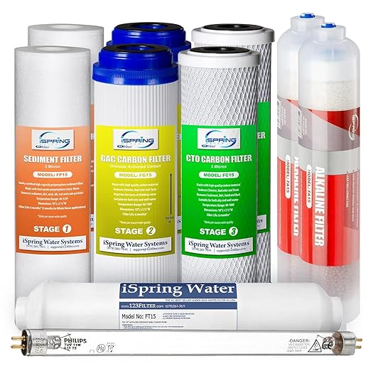 iSpring F10KU NSF Certified 1-Year Replacement Filter Set for 7-Stage RO Water Filtration Systems, Includes Alkaline Mineral & UV Filters, 10 Pieces, No RO Membrane