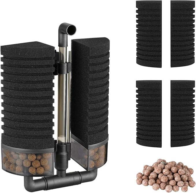 Carefree Fish Aquarium Filter Sponge Fish Tank Quiet Bubble Filter with 4 Sponges and 1 Bag of Filtered Ceramic Balls for Salt Water and Fresh Water(not Included Air Pump)