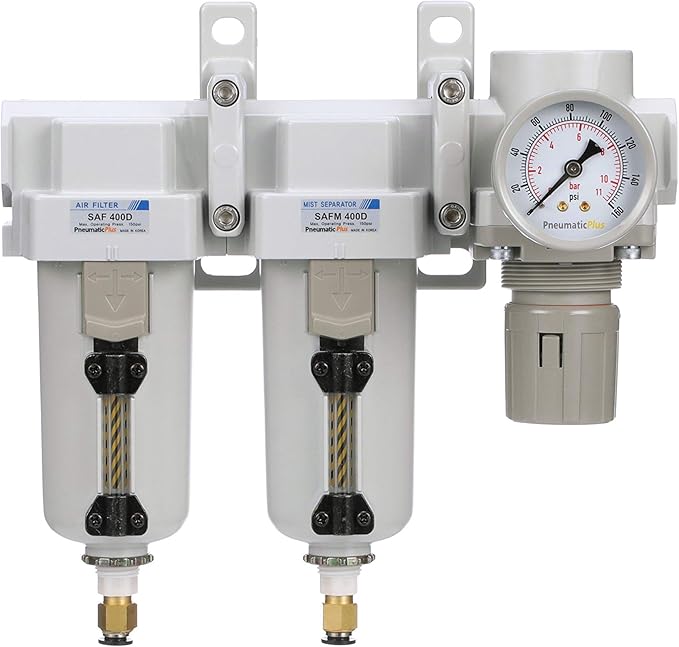 PneumaticPlus SAU430-N06DG-MEP Three Stage Air Drying System Particulate Air Filter, Coalescing Filter, Air Pressure Regulator Combo 3/4" NPT - Metal Bowl, Auto Drain, Bracket, Gauge