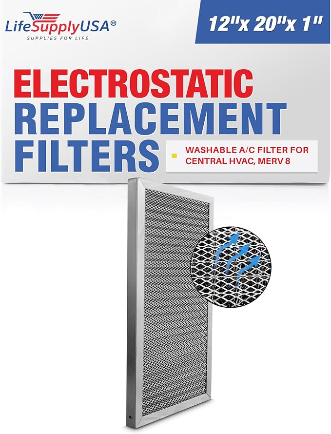 12x20x1 Electrostatic Air Filter, MERV 8, Washable, Reusable Furnace AC/HVAC Filter, Energy Saving, Easy to Clean, Long-Lasting by LifeSupplyUSA