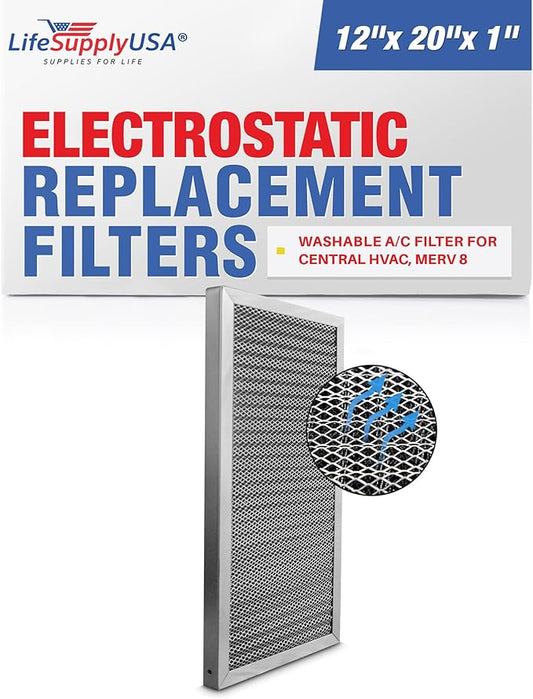 12x20x1 Electrostatic Air Filter, MERV 8, Washable, Reusable Furnace AC/HVAC Filter, Energy Saving, Easy to Clean, Long-Lasting by LifeSupplyUSA