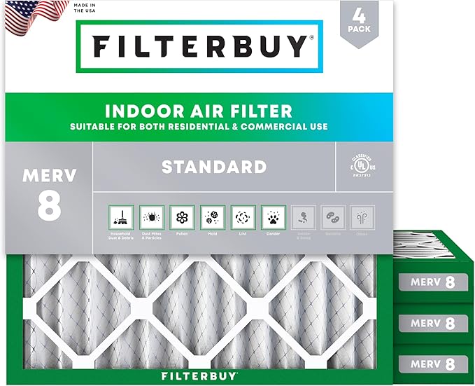 Filterbuy 18x18x2 Air Filter MERV 8 (MPR 700) Dust Defense Replacement (4-Pack), Electrostatic Pleated HVAC AC Furnace Filters, Made in USA (Actual Size: 17.75 x 17.75 x 1.75)