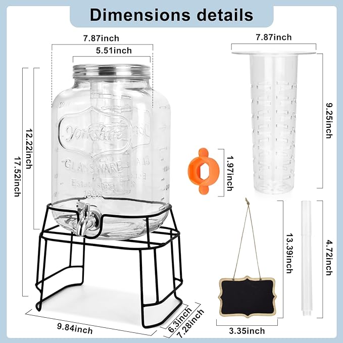 2 Gallon Glass Drink Dispensers For Parties,Beverage Dispensers With Stand And 100% Leakproof Stainless Steel Spigot.Glass Water Jug Dispenser,Lemonade Dispenser,Mason Jar.