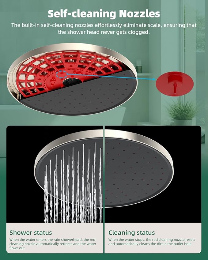 10'' Self-cleaning Rainfall Shower Head, High Pressure Handheld Shower Head, Showerhead Combo with 12'' Adjustable Curved Shower Extension Arm, 7-Spray, 71'' Hose, Showerhead Holder, Brushed Nickel