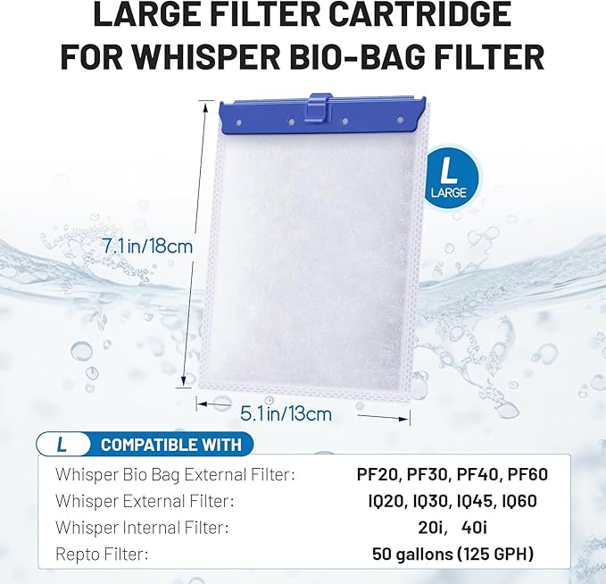 8 Count Large Filter Cartridges Compatible with Whisper Bio Bag Filters, Large Aquarium Filter Cartridge for Whisper 20i 40i, IQ20/30/45/60, PF20/30/40/60 and Repto Filter