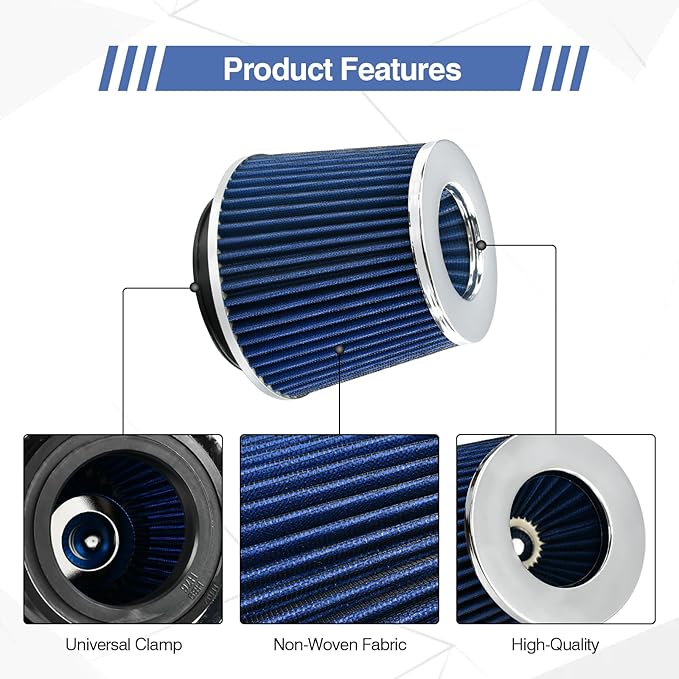 Universal Clamp On Air Intake Filter fits 3 In /3.5 In /4 In Three Different Size, Cone Air Intake Filter（Blue）