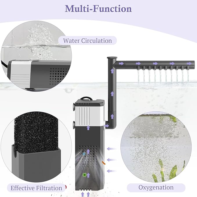 10W 130GPH Powerful Aquarium Filter for 10-35Gal Fish Tank, Adjustable Filter with Biochemical Sponge, Submersible Fish/Turtle Water Filters, Filtration/Oxygenation/Water Cycle 3in1 Filter