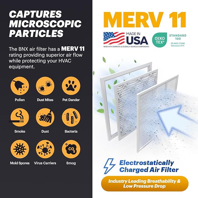 BNX TruFilter 16x24x1 Air Filter MERV 11 (6-Pack) - MADE IN USA - Allergen Defense Electrostatic Pleated Air Conditioner HVAC AC Furnace Filters for Allergies, Dust, Pet, Smoke, Allergy MPR 1200 FPR 7