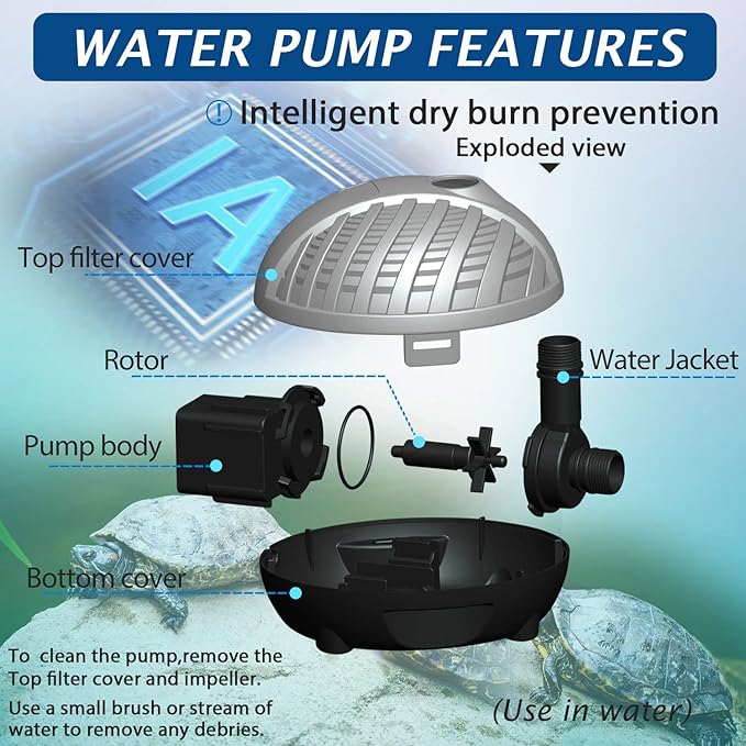WaterRebirth HSP1600N Versatile Submersible Pump with Fountain Jets - for Aquariums, Ponds, Fountains, Turtle Tanks - 396GPH
