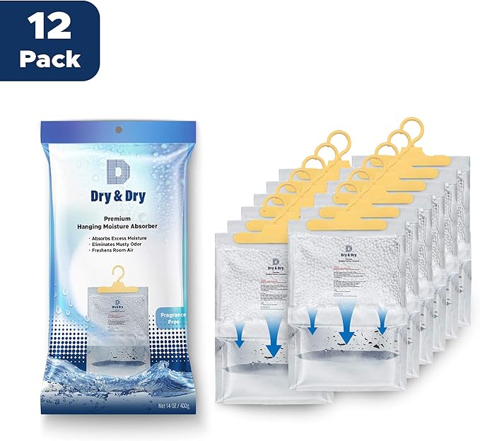 Dry & Dry Premium Moisture Absorbers Dehumidifiers for Home, Basement, Bedroom, Small Dehumidifiers - Blue & White (Pack of 12) 14 ounce