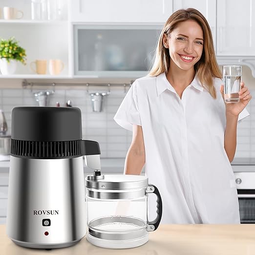 ROVSUN【Upgraded】 1.1 Gallon/4L Water Distiller Stainless Steel for Home, 750W Distilled Water Maker Machine, Water Distillers Countertop, Water Maker Purifier with Glass Container, 1L/H