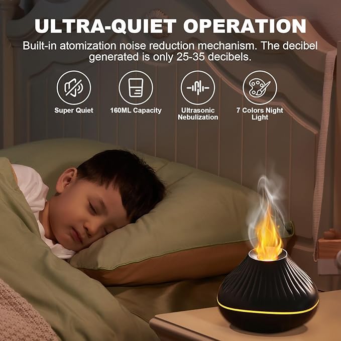 Colorful Volcano Diffuser Humidifier: Ultra-Quiet 160ml Fire Flame Humidifier Aroma Spray Diffusers with 7 Flame Colors Waterless Auto off Timeable for Home,Office,Yoga (Black)