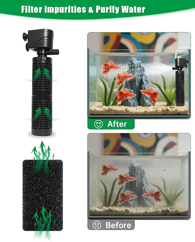 20W Submersible Aquarium Filter for 50–120 Gallon Fish Tanks, Quiet Operation Internal Pump, Energy Efficient, Easy to Install & Maintain, for Freshwater or Saltwater, Comes with Sponge Filter