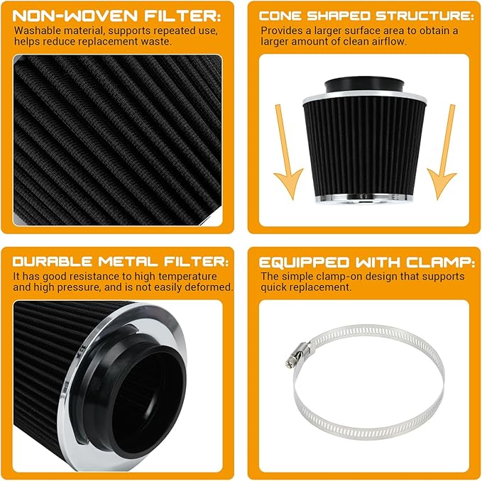 PTNHZ Universal Black 3.5" 89mm High Flow Cold Air Intake Cone Air Filter Power Intake Air Inlet System Air Cleaner