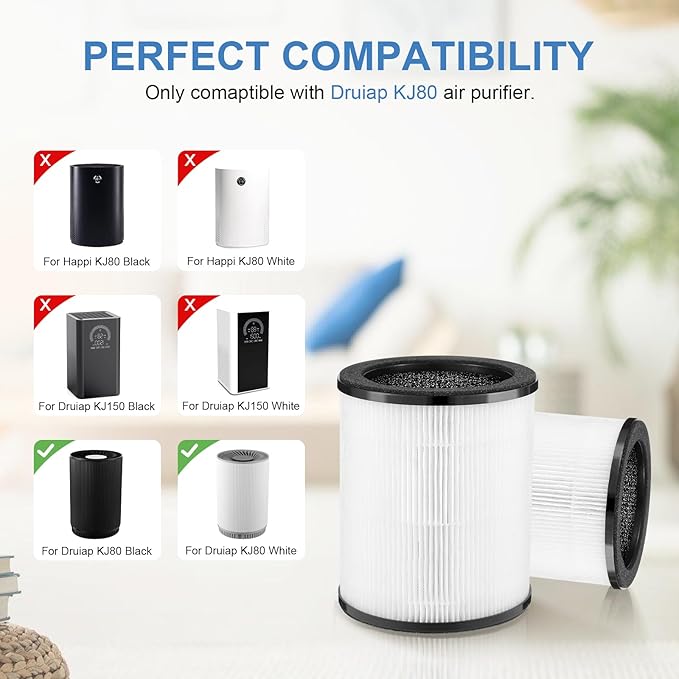KJ80 Replacement Filter Compatible with Druiap KJ80 Air Purifier,3-in-1 H13 True HEPA, Nylon Pre-Filter and Activated Carbon,360 Filtration System (2 Pack)