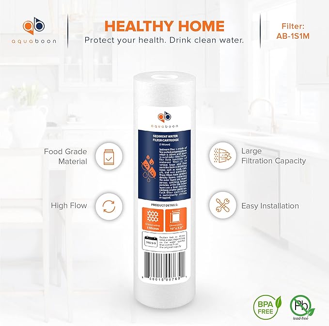 Aquaboon 1 Micron Whole House Sediment Filter 10 x 2.5 for RO & Well Water Filters Replacement Cartridges Compatible with AP110, WHKF-GD05, 50 Pack