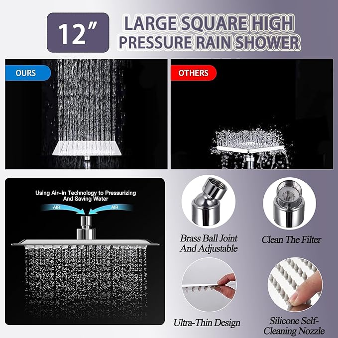 12 Inch High Pressure Square Rain Shower Head and 2-in-1 Hand Shower, Equipped with 78"Hose and 13" Shower Arm, 3 Way Diverter Valve, Shower Head Holder (AWAXFOLO Square Shower Head Set Chrome)